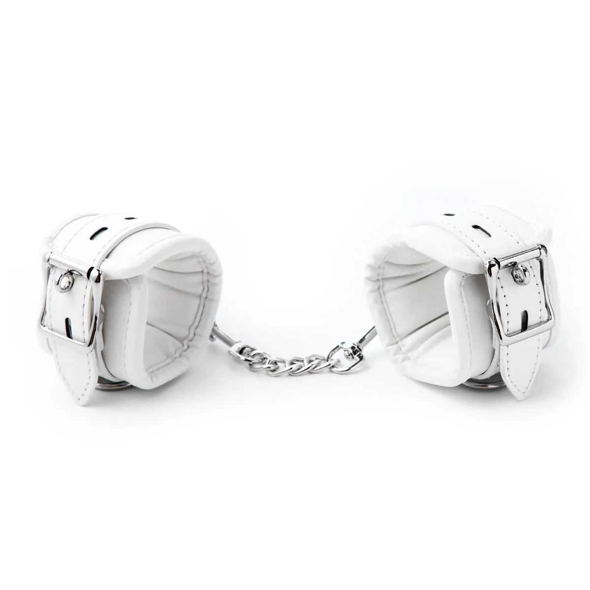 White PU sponge adult restraint set showing handcuffs, foot cuffs, and a neck cuff.