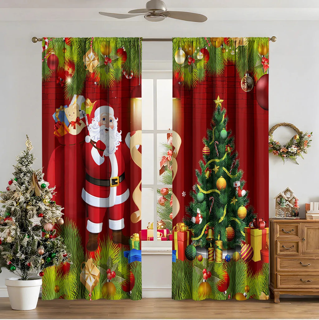 Pair of 3D digitally printed modern Christmas curtains hanging on a window.