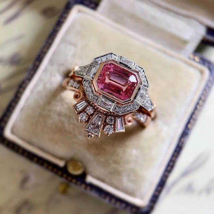 Women's retro style fashion ring with ruby detail and rose gold colour geometric design