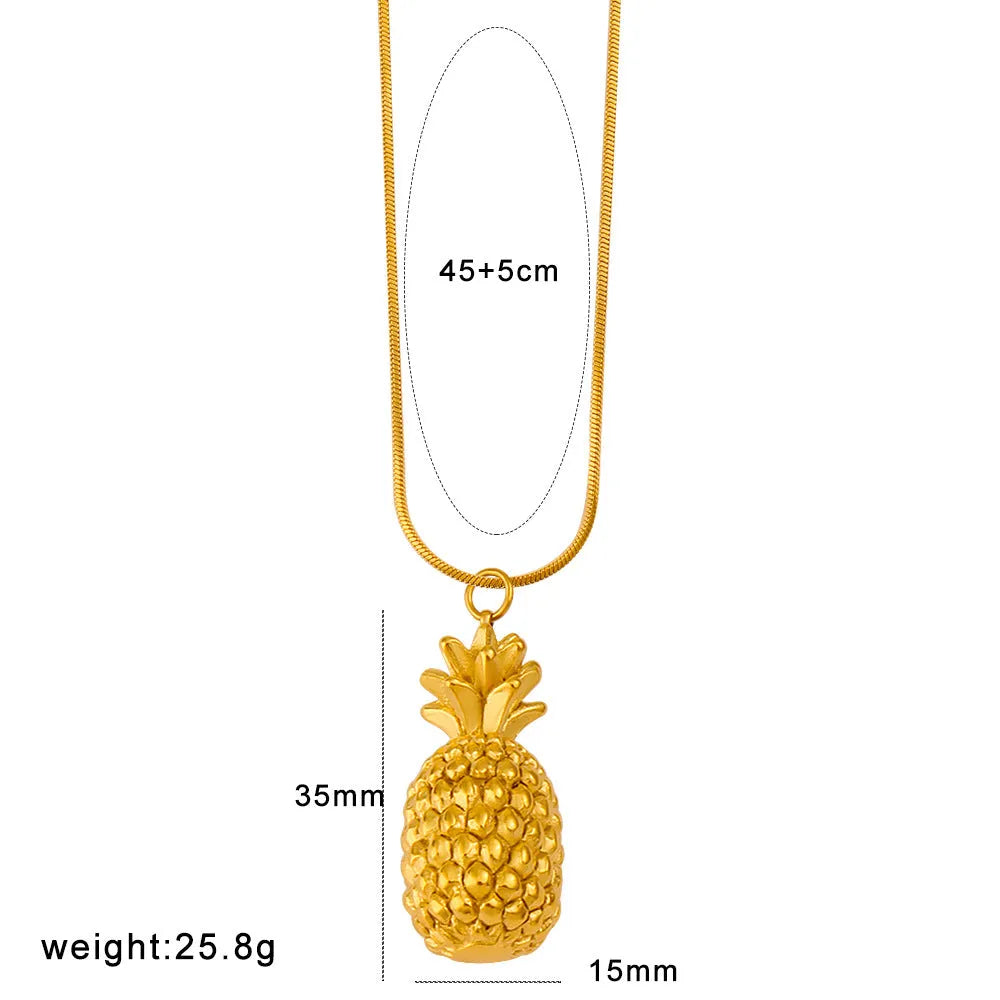 Stainless steel fruit pendant necklace showing six different fruit designs on regular chain