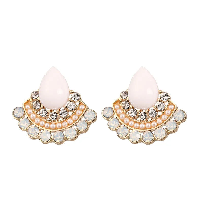 Retro fan-shaped geometric earrings with rhinestone detailing and electroplated silver finish