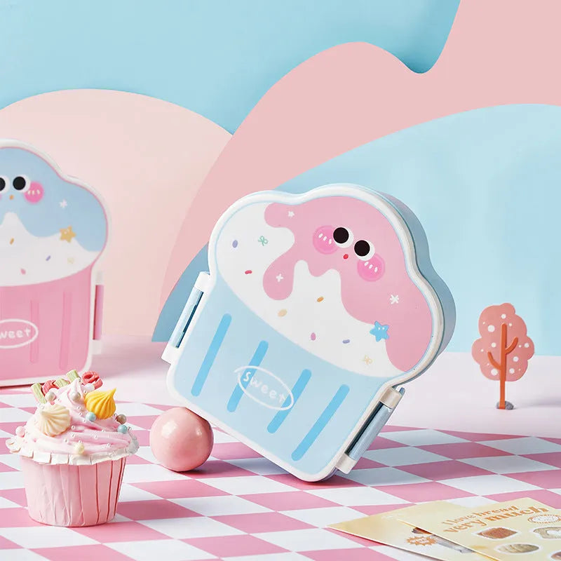 Creative ice cream shaped plastic lunch box with spoon and fork in pink or blue colour