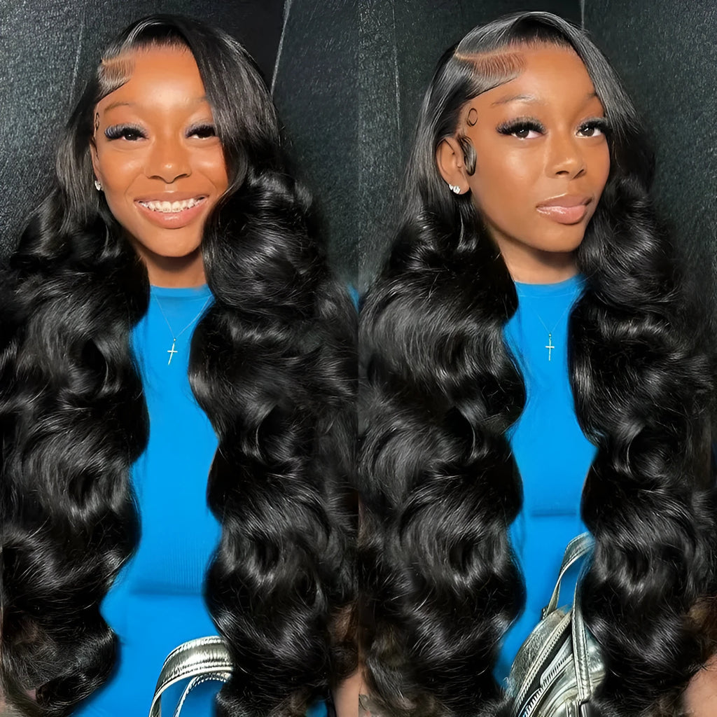 Black lace chemical fibre wig with big wave style showing size options from 16 to 32 inches
