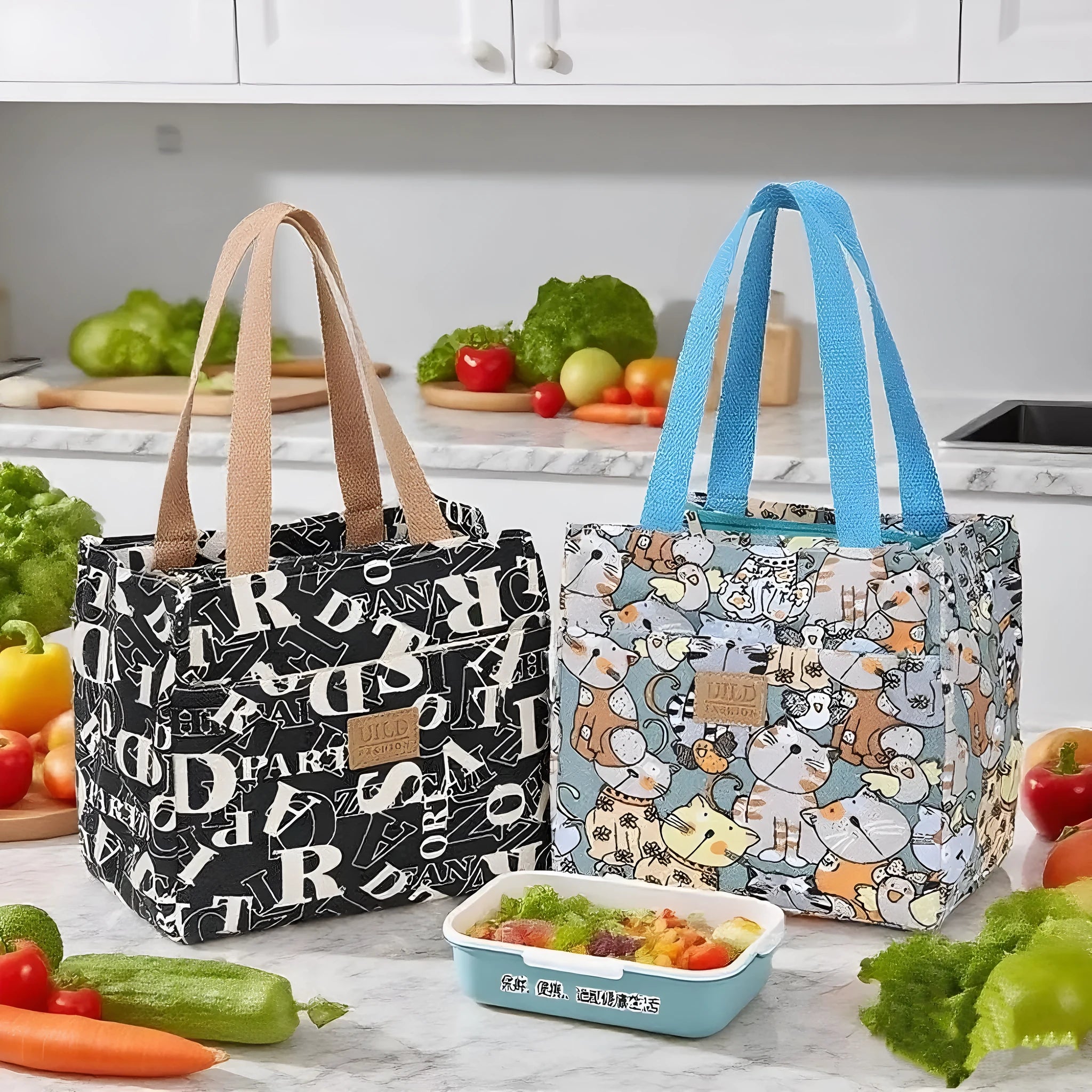 Women's printed canvas handbag with aluminium frame in horizontal square shape