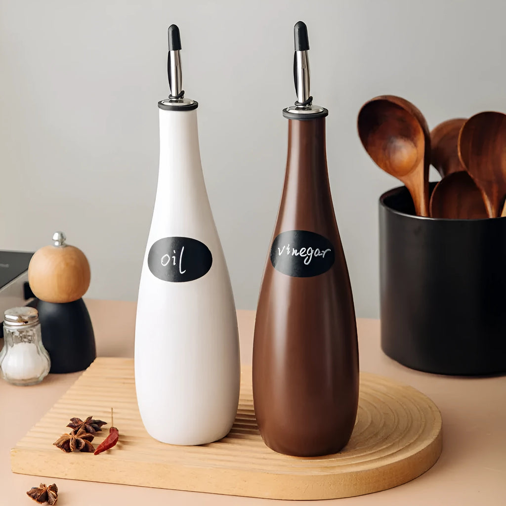 Ceramic oil pot with conical funnel and oil brush in black, coffee or white colour options
