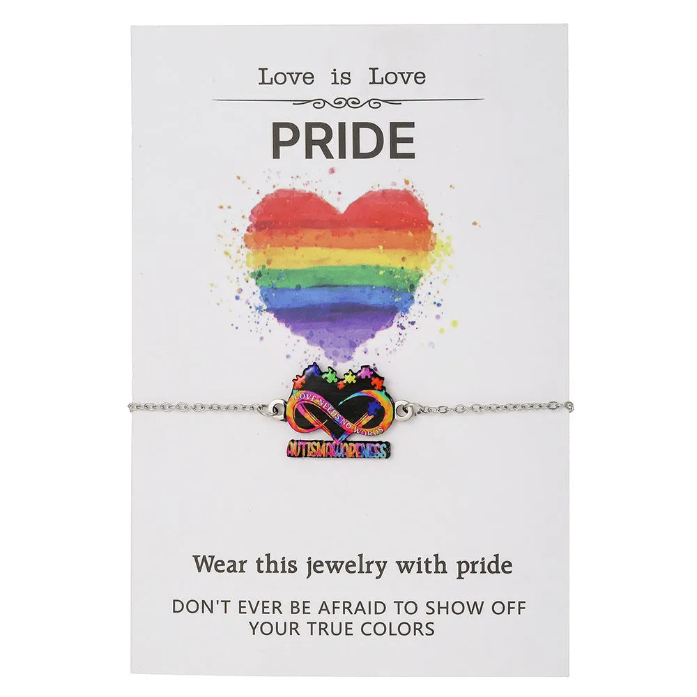 Stainless steel necklace and bracelet set with coloured inspirational printing on the pendants.