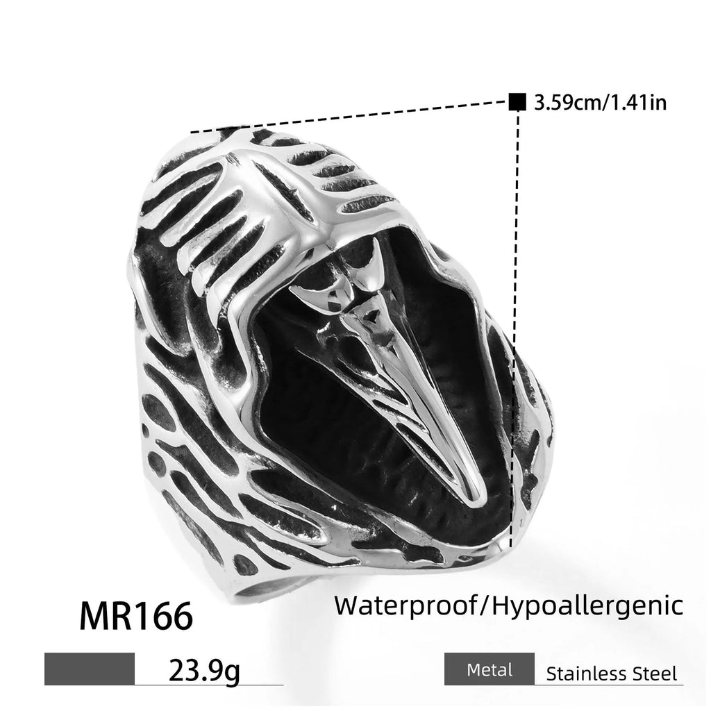 Stainless steel crow punk ring with geometric design on grey background