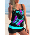 Plus size women's swimsuit set with strap top and shorts in butterfly print pattern