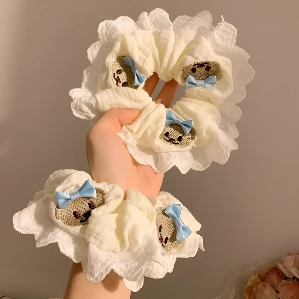 Bear blue bow lace large intestine hair ring elastic headband on white background