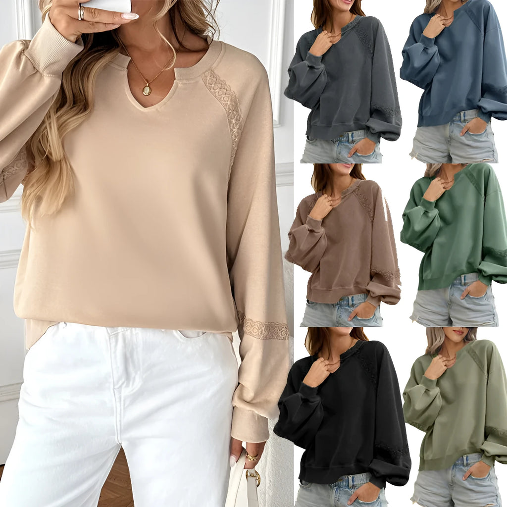 Women's solid colour loose fit long sleeve sweater with half-open collar and lace stitching detail
