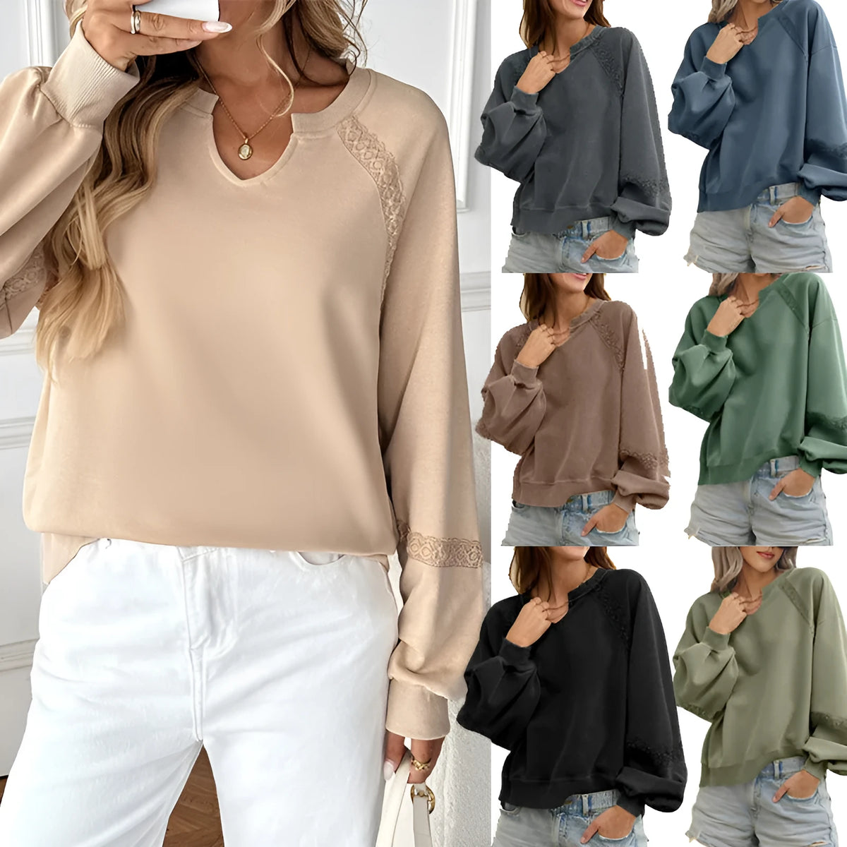 Women's solid colour loose fit long sleeve sweater with half-open collar and lace stitching detail
