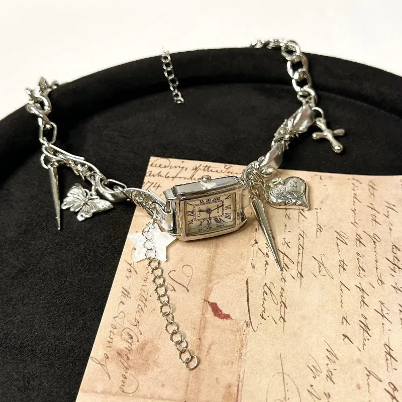 Dark electroplated women's cross necklace with multi-layer hemp flowers chain, adjustable 41-50cm