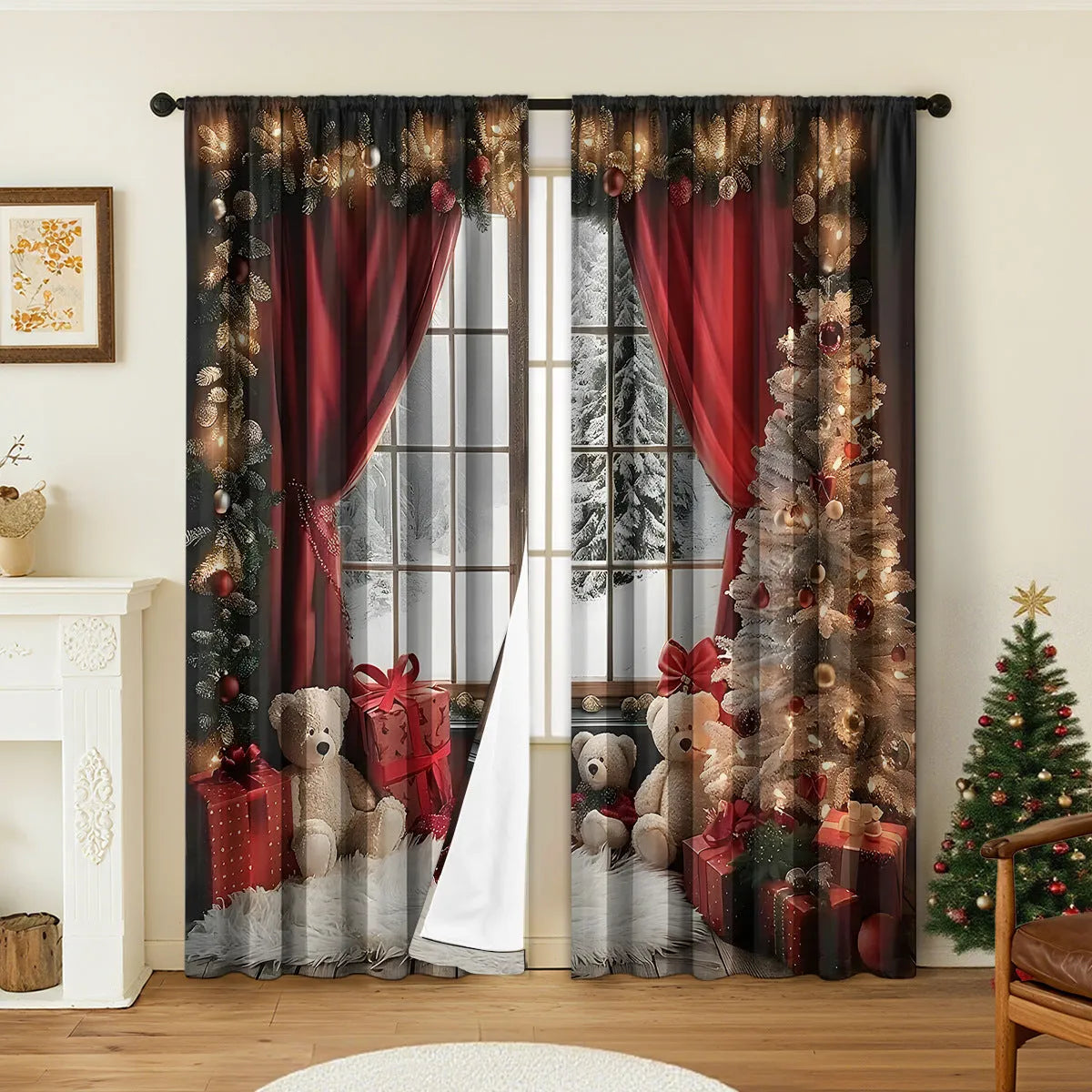 A pair of 3D digitally printed Christmas theme curtains hanging on a window, showcasing one of fifteen available European colour and pattern styles.