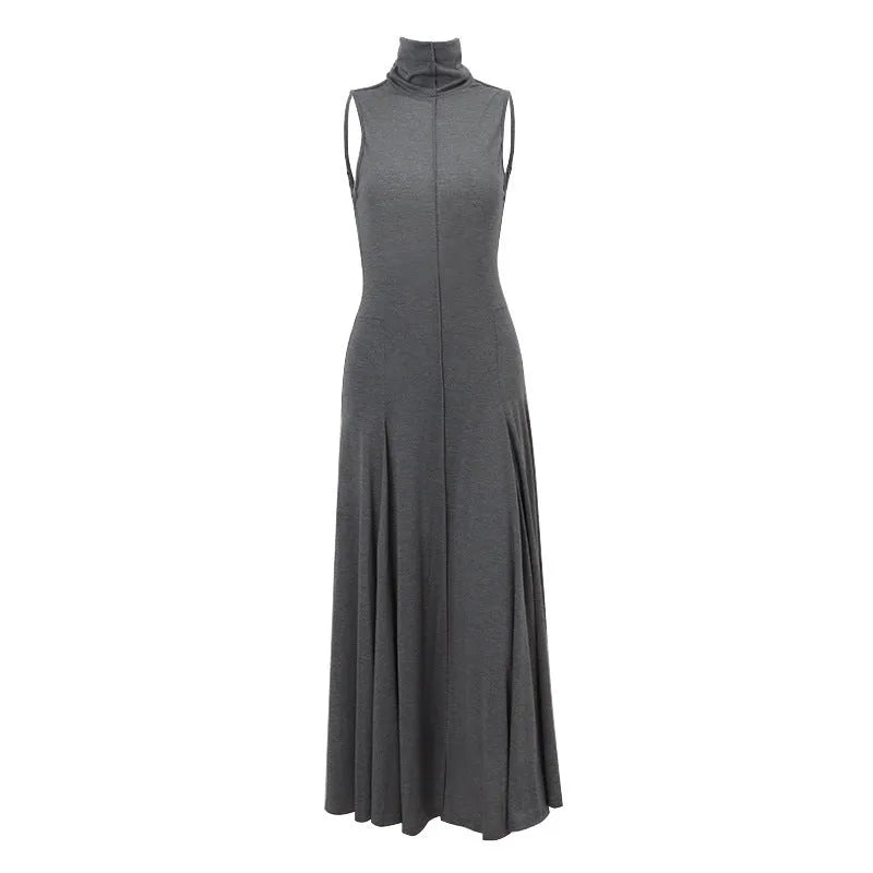 Grey slim-fit backless women's dress with a half turtleneck collar and sleeveless design.