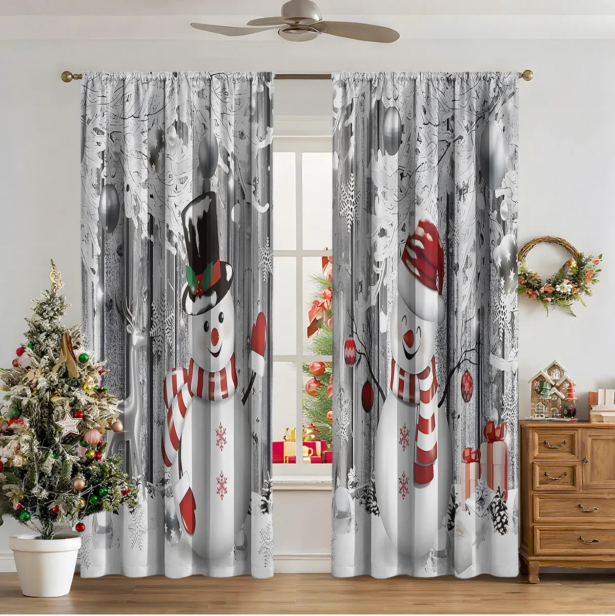 Pair of 3D digitally printed modern Christmas curtains hanging on a window.
