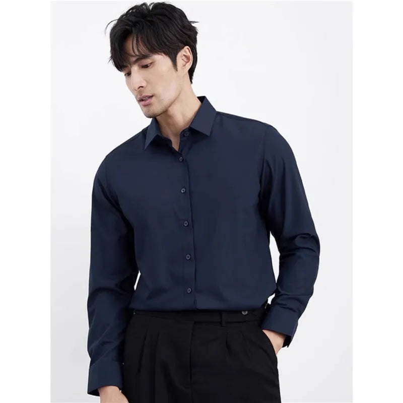 Men's wine red slim fit shirt with cardigan-style collar and long sleeves.