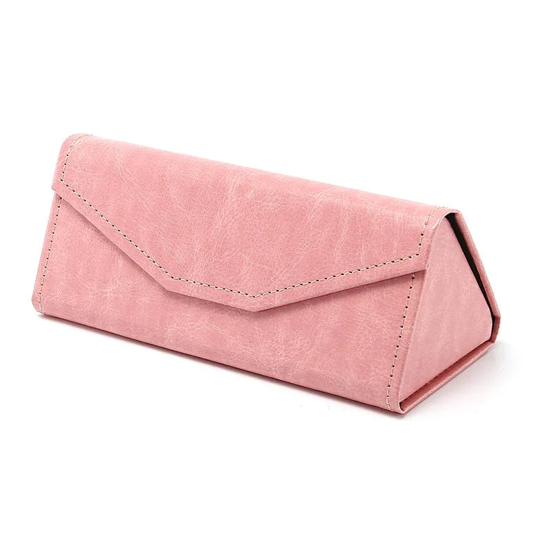 Handmade triangular folding glasses case in PU cowhide, shown in black colour with dimensions 160x66x16mm