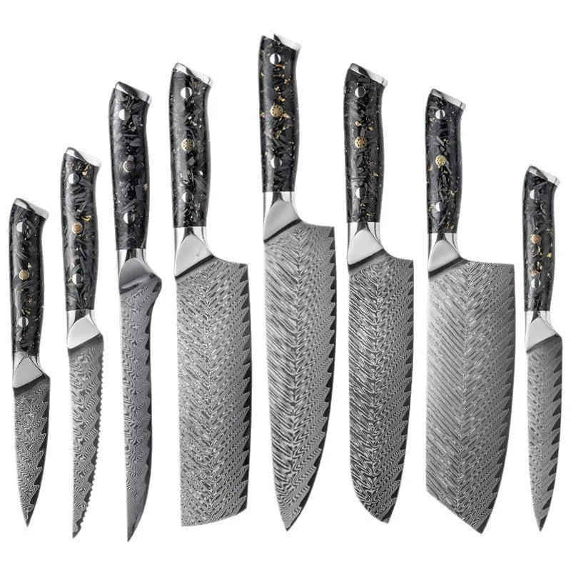 Damascus steel kitchen knife set showing eight knives with fishbone pattern blades, including chef, boning, and fruit knives.