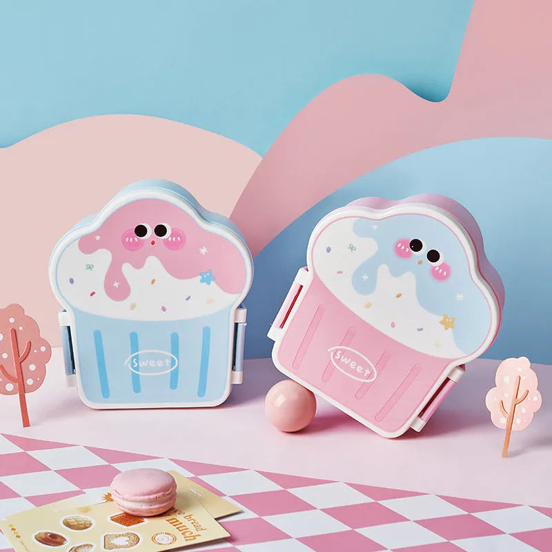 Creative ice cream shaped plastic lunch box with spoon and fork in pink or blue colour