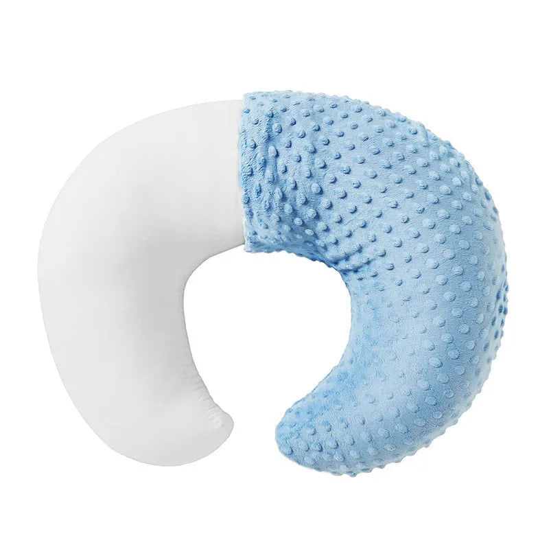 Multifunctional nursing pillow with milk spill prevention features in grey, light blue, pink and yellow colours