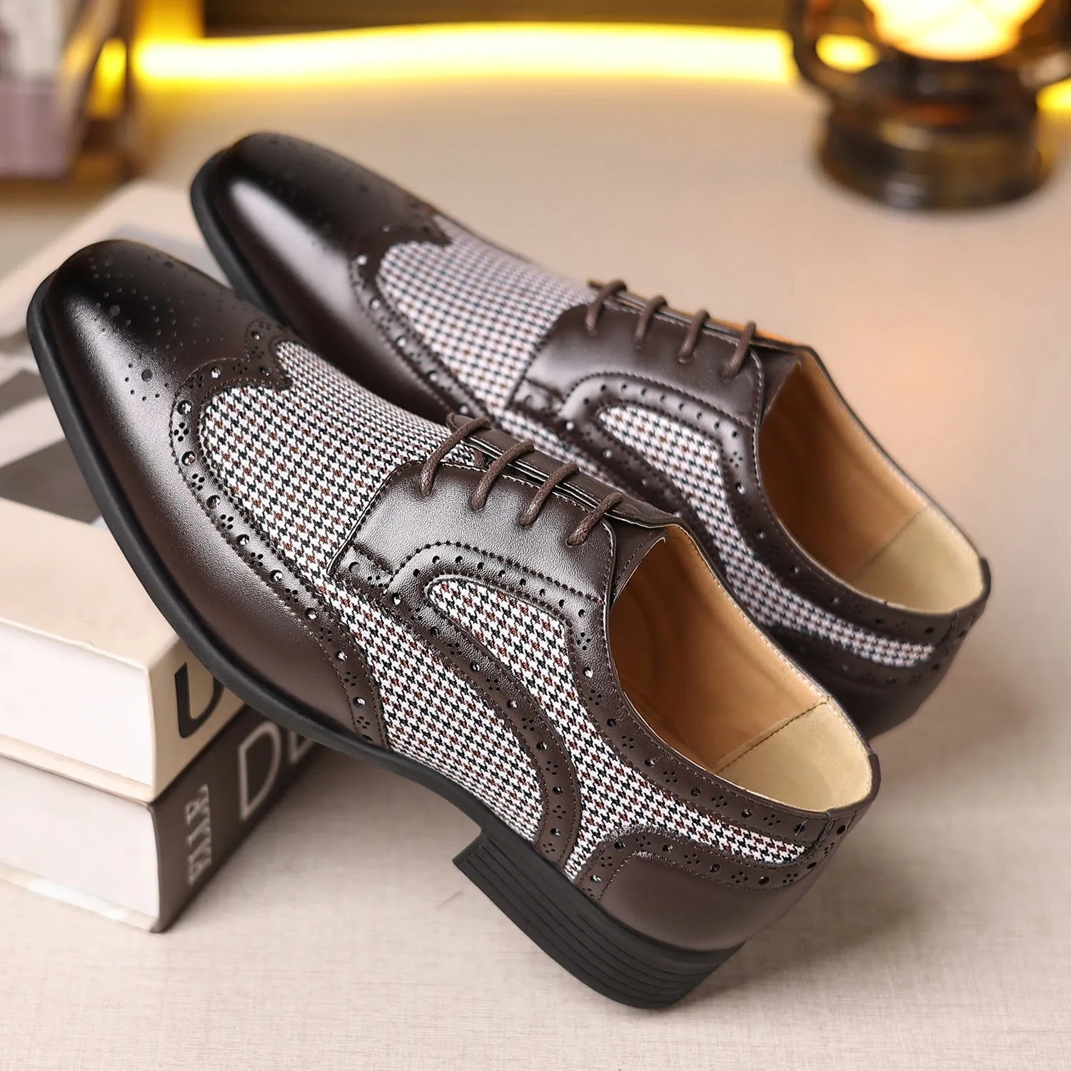 Men's black and white houndstooth plaid casual lace-up shoes with a square toe and rubber sole.