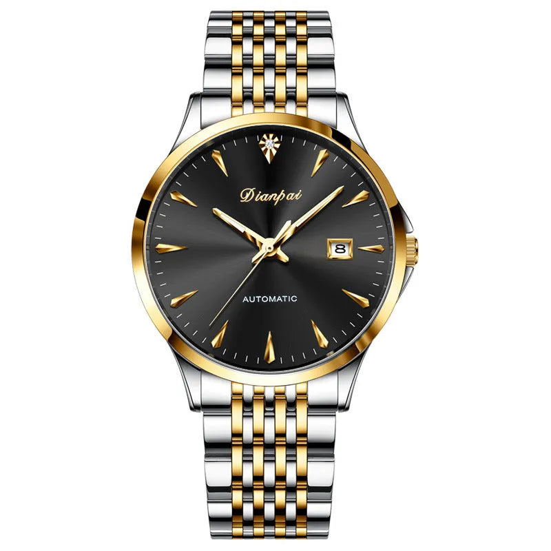 Men's simple dial automatic watch with stainless steel bracelet on a wrist.