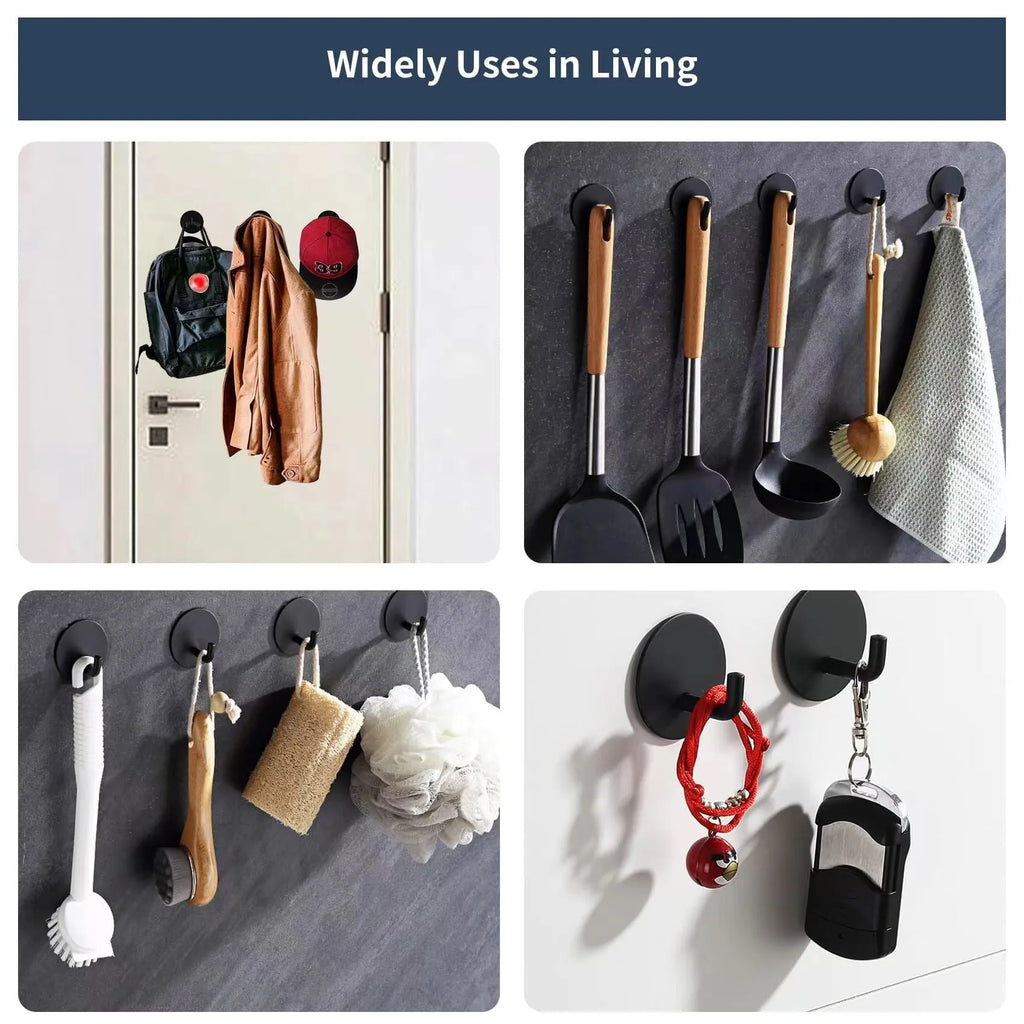 Two round stainless steel self-adhesive wall hooks, one black and one polished, on a white background.