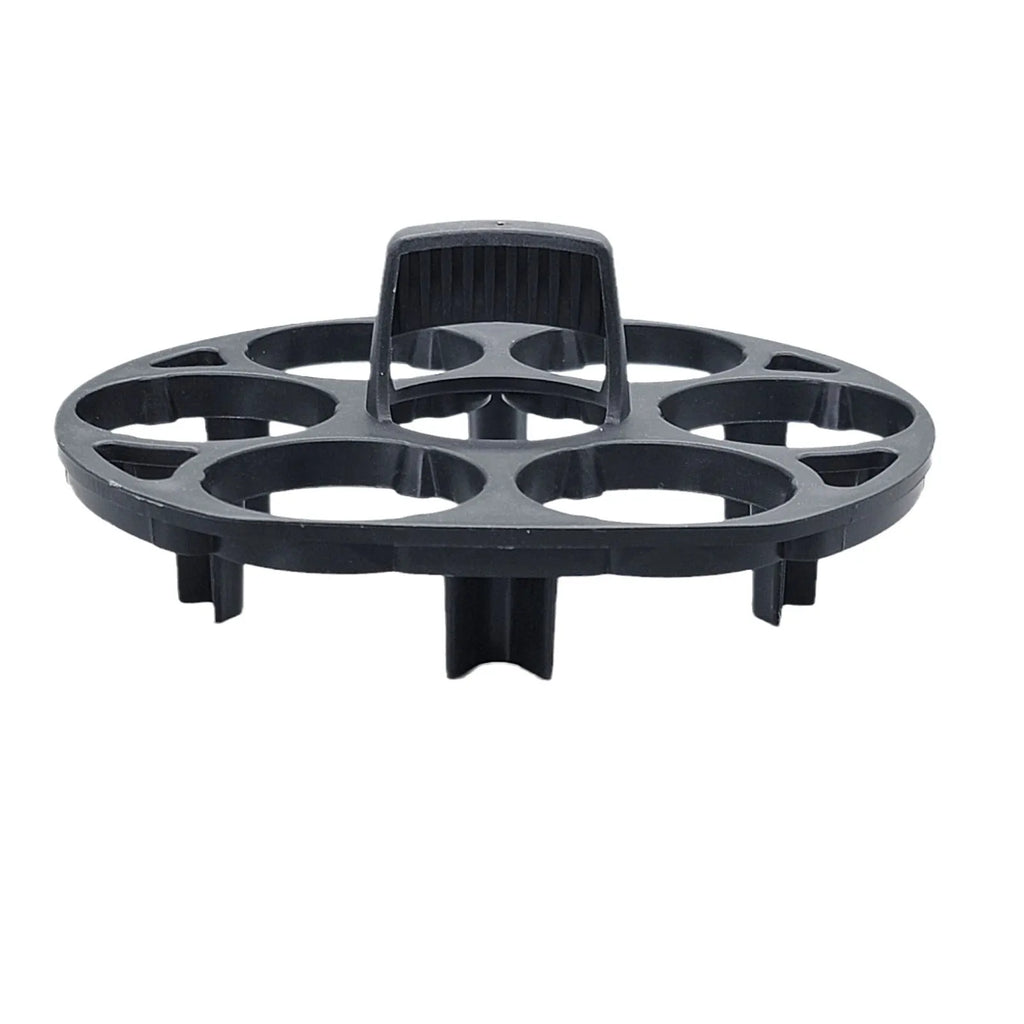 Black plastic egg holder for cooking machines measuring 13.8 by 12.6 by 5.7 cm