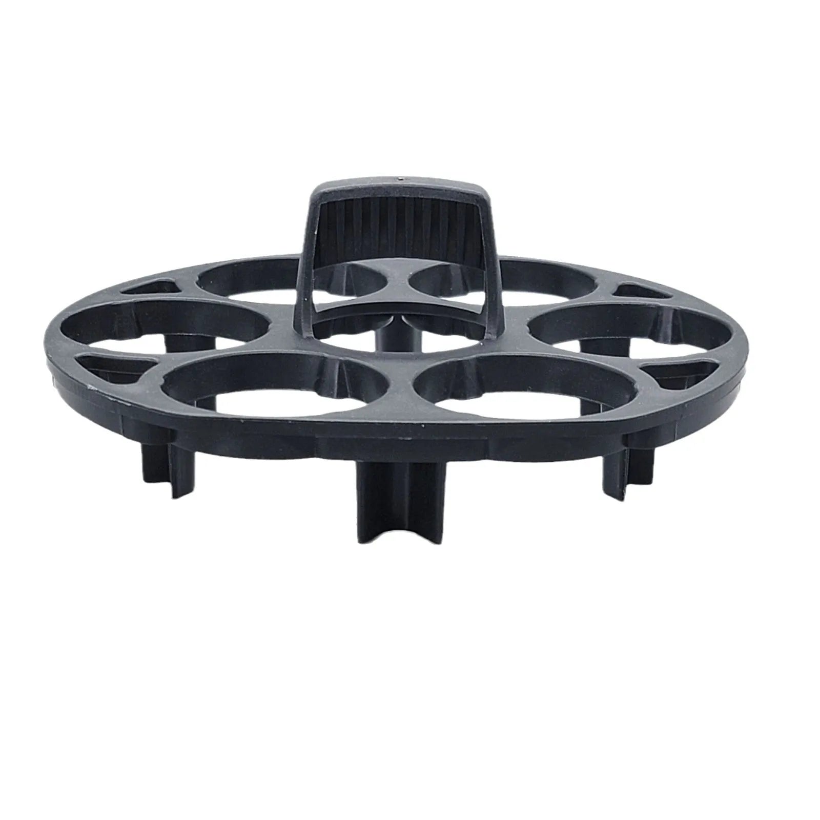 Black plastic egg holder for cooking machines measuring 13.8 by 12.6 by 5.7 cm