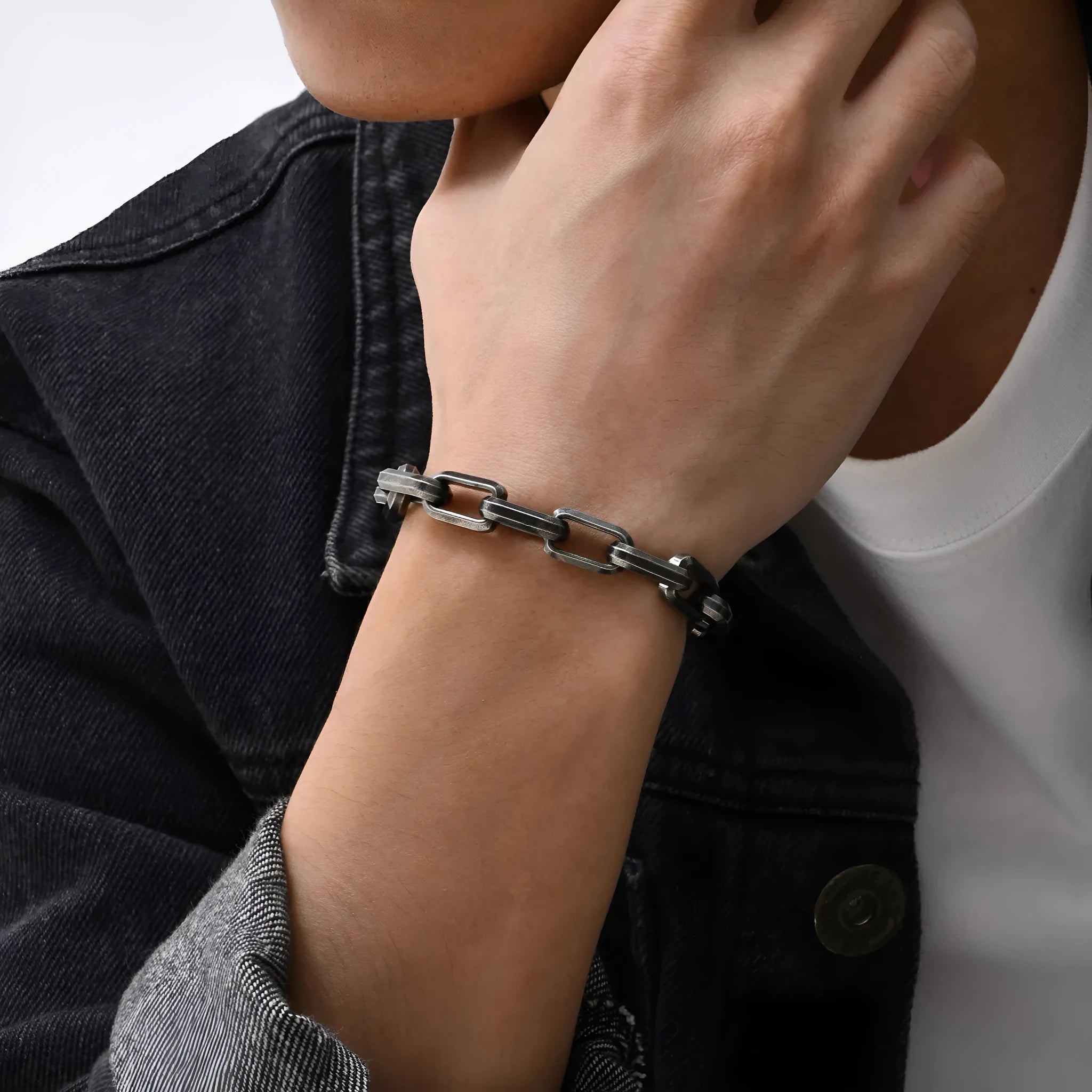Titanium steel men's bracelet with square chain links in steel, gold, black, or retro finish.