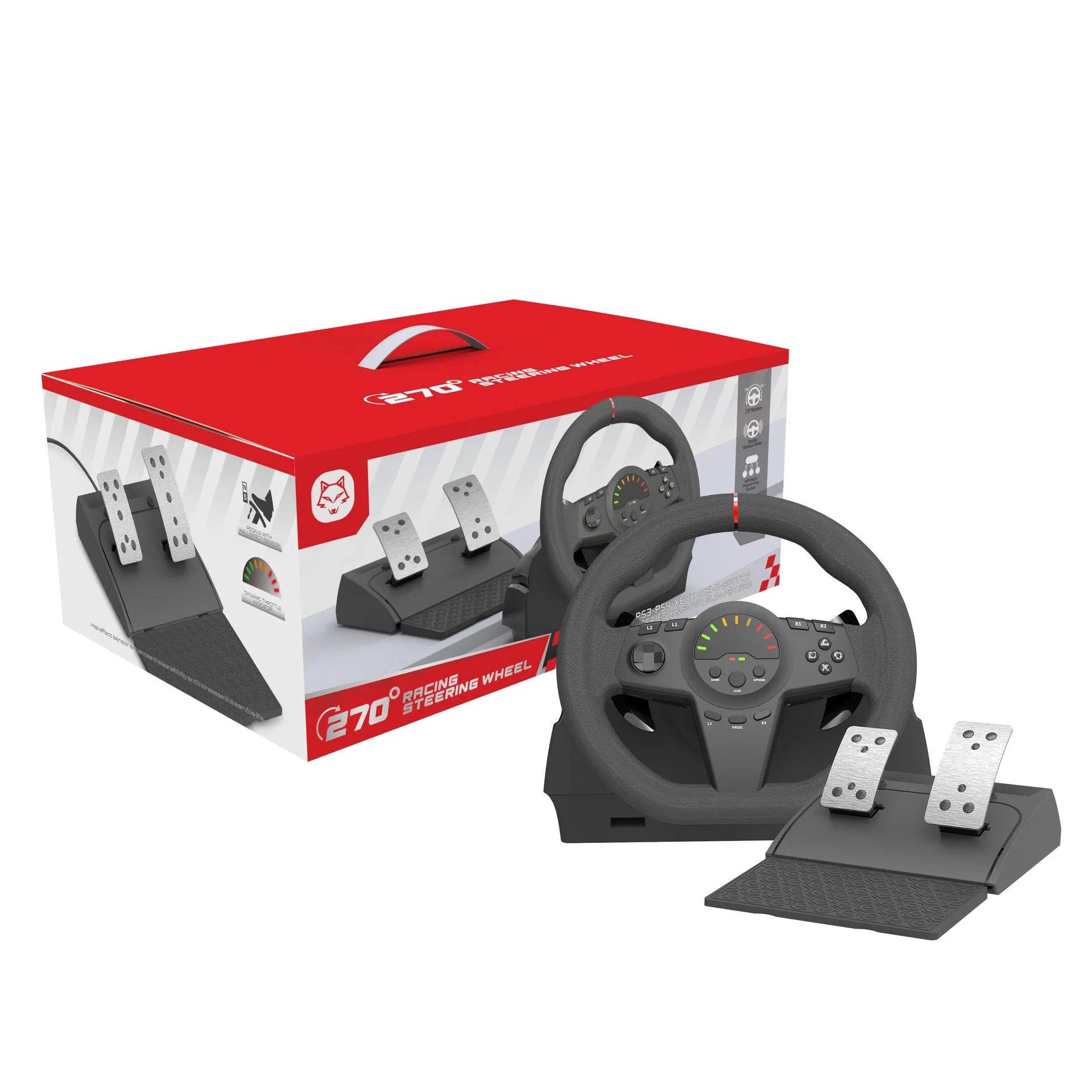 Black USB steering wheel controller with two pedals and desk mounting bracket for PC and console gaming