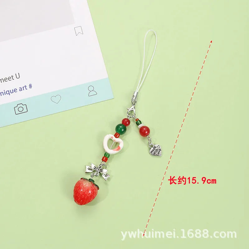 Plastic resin mobile phone keychain with fruit pattern including apple and strawberry designs
