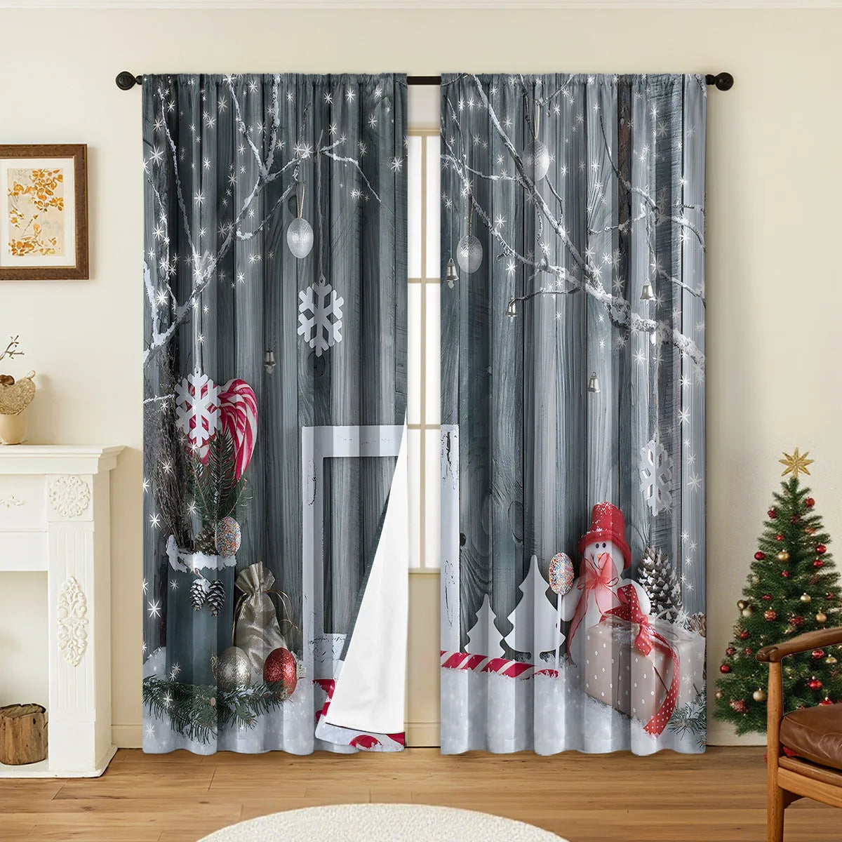 A pair of 3D digitally printed Christmas theme curtains hanging on a window, showcasing one of fifteen available European colour and pattern styles.