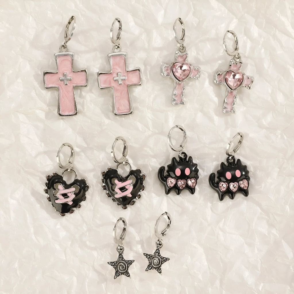 Women's alloy earrings with drip oil finish in cross, heart, and cat designs