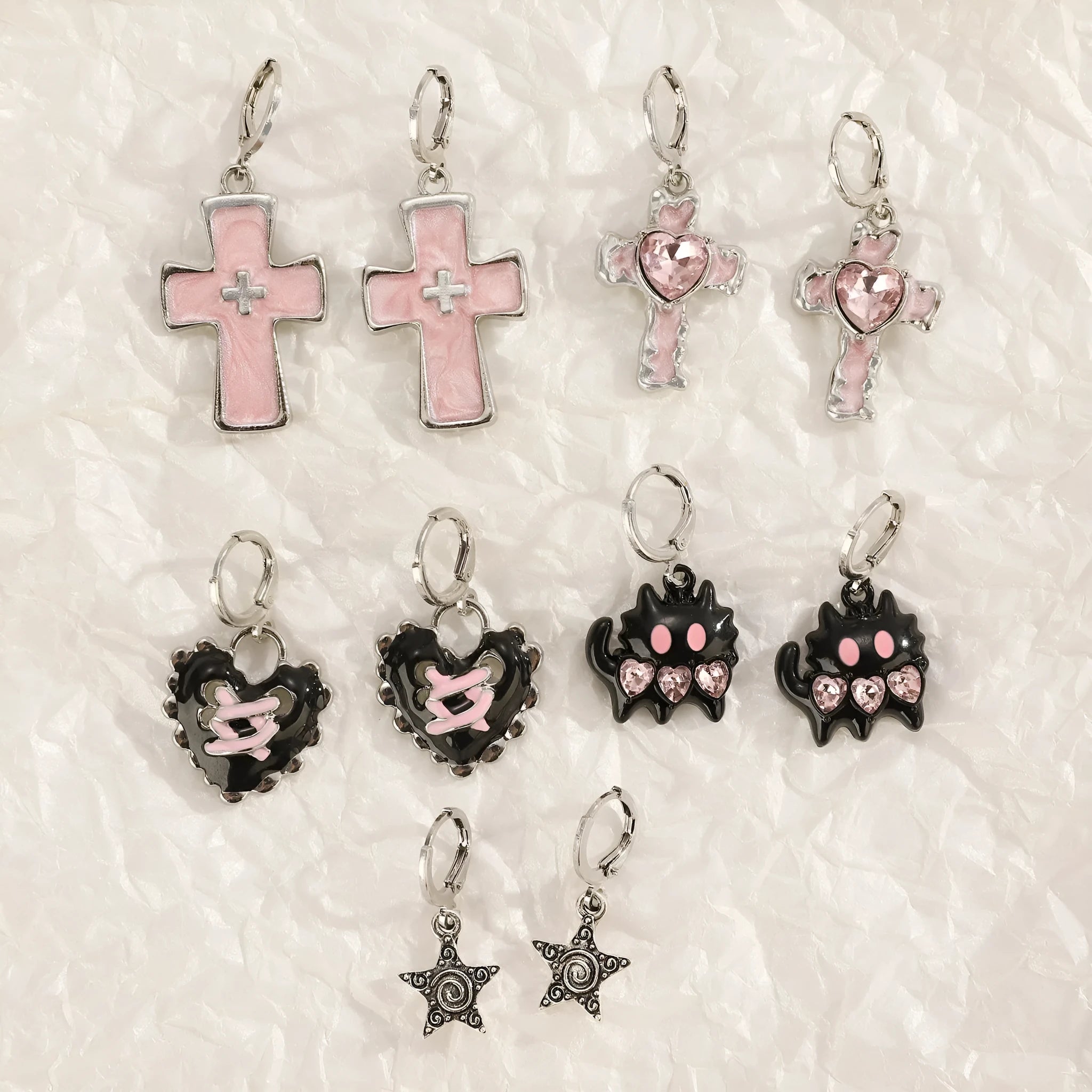 Women's alloy earrings with drip oil finish in cross, heart, and cat designs
