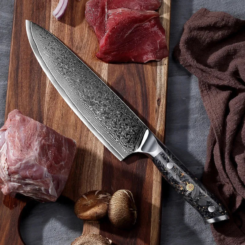 Damascus steel kitchen knife set showing eight knives with fishbone pattern blades, including chef, boning, and fruit knives.