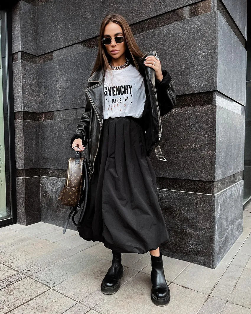 Women's solid colour long cotton skirt in black or white for casual commuting wear