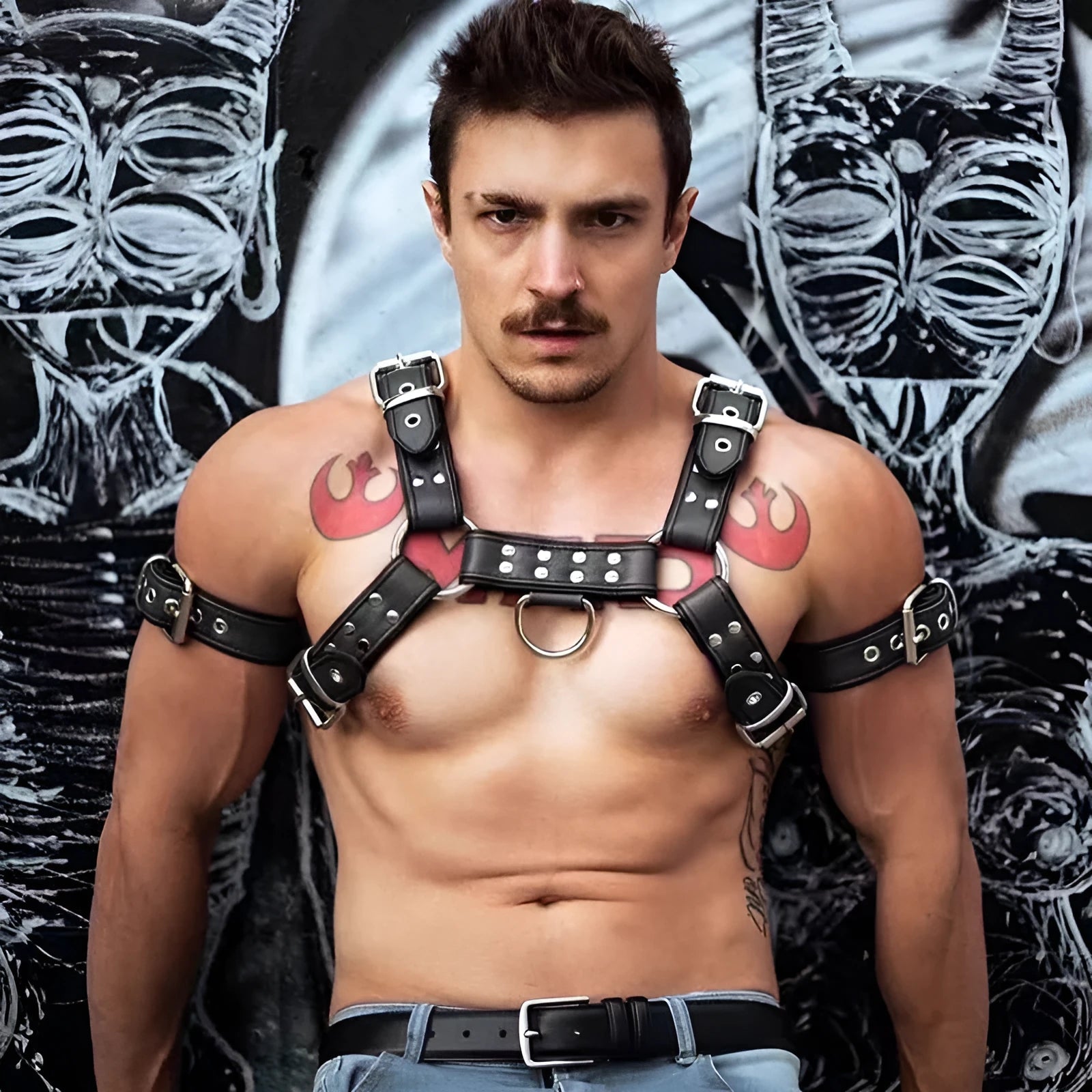 Black leather chest strap with metal buckle bondage design for adult men