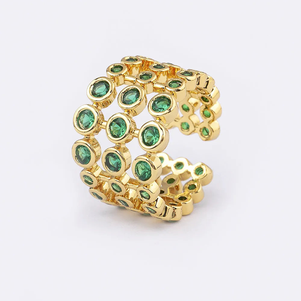 Copper wide band ring with 18K gold plating and full green zircon stones