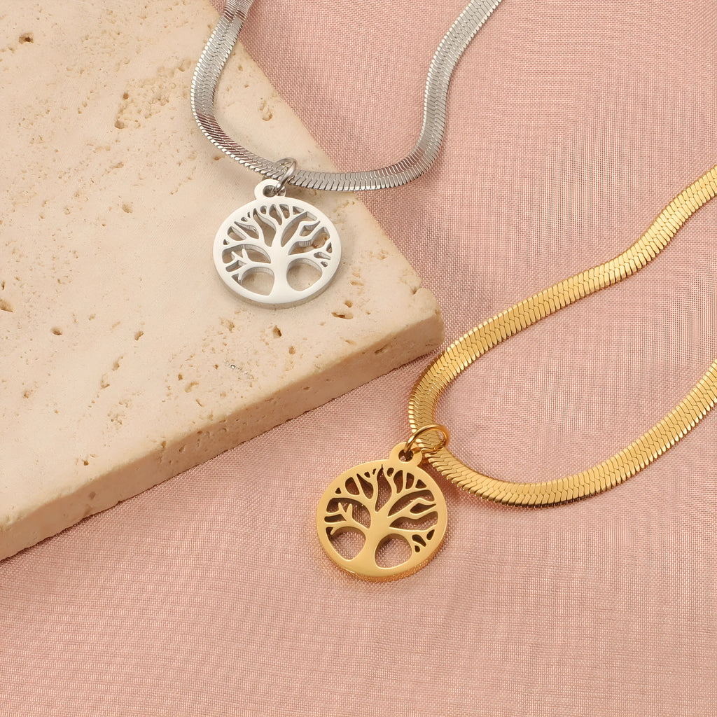 Stainless steel clavicle chain with titanium steel tree pendant, adjustable 51-60cm length