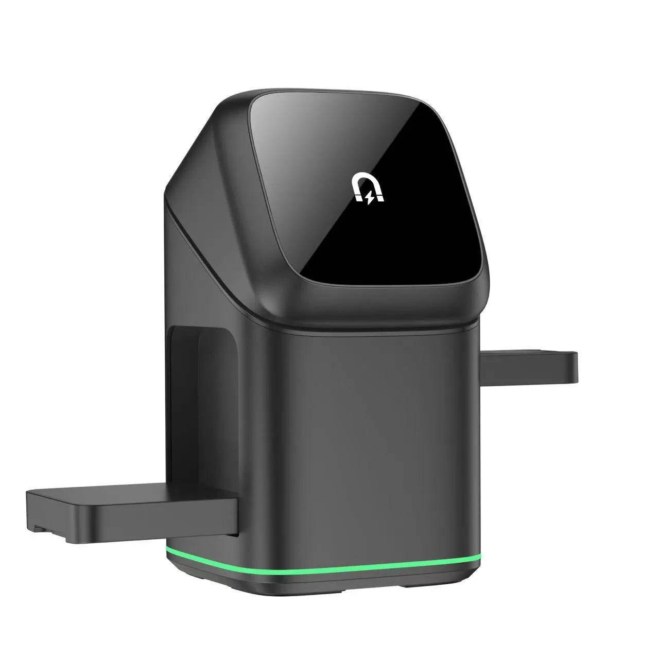 Black magnetic wireless phone charging stand showing 180-degree rotation on a desk
