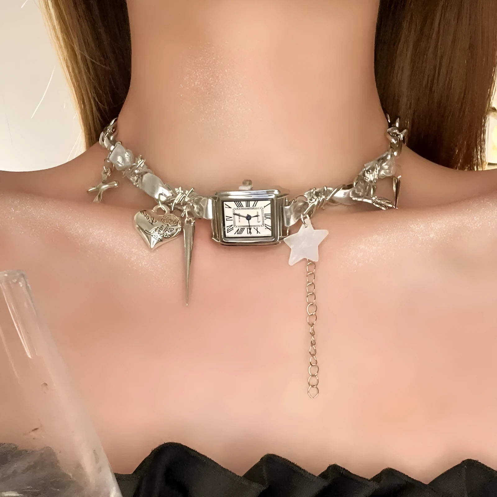 Dark electroplated women's cross necklace with multi-layer hemp flowers chain, adjustable 41-50cm