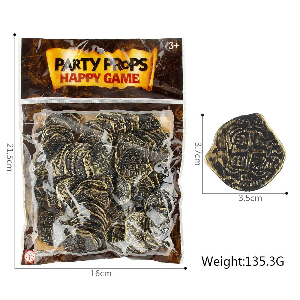 Set of plastic Roman pirate coins with electroplated metallic finish in gold, silver, or bronze colour options.