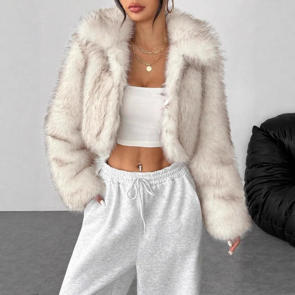 Artificial fur coat with fur collar and long sleeves in multiple colour options