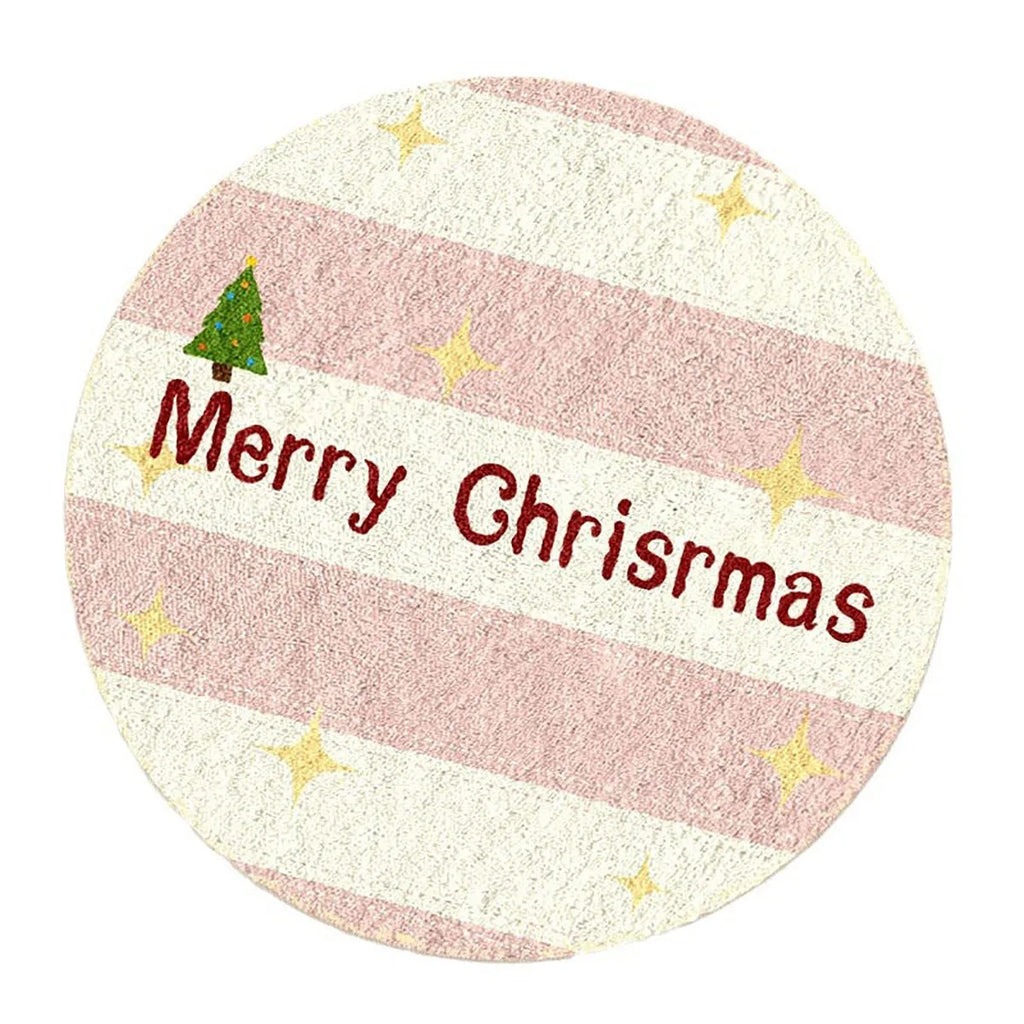Round red and green Christmas floor mat with gingerbread man design on soft imitation cashmere fabric.