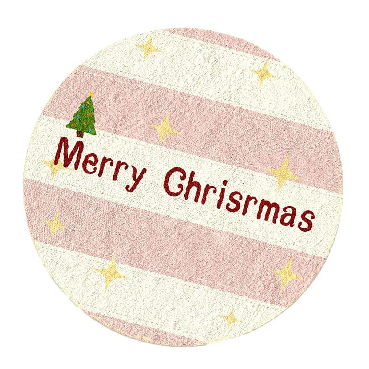Round red and green Christmas floor mat with gingerbread man design on soft imitation cashmere fabric.