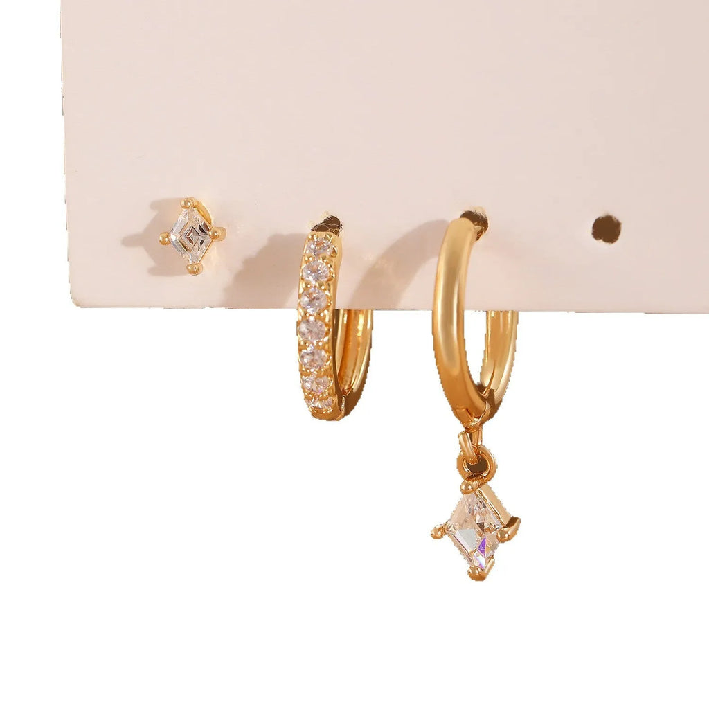 Ladies copper jewellery set with three geometric zircon pieces in gold or white