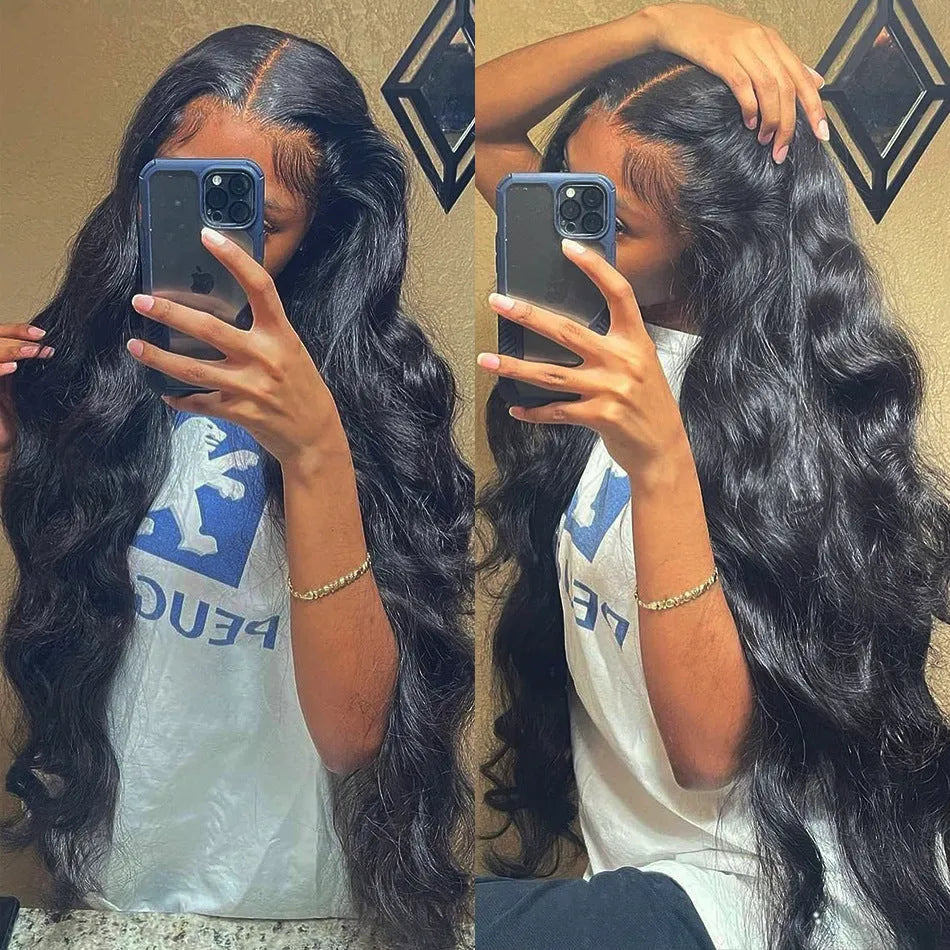 Black synthetic front lace wig with long curly hair and side bangs on display