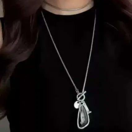 Women's long sweater chain necklace with geometric plaid pendant on snake bone chain