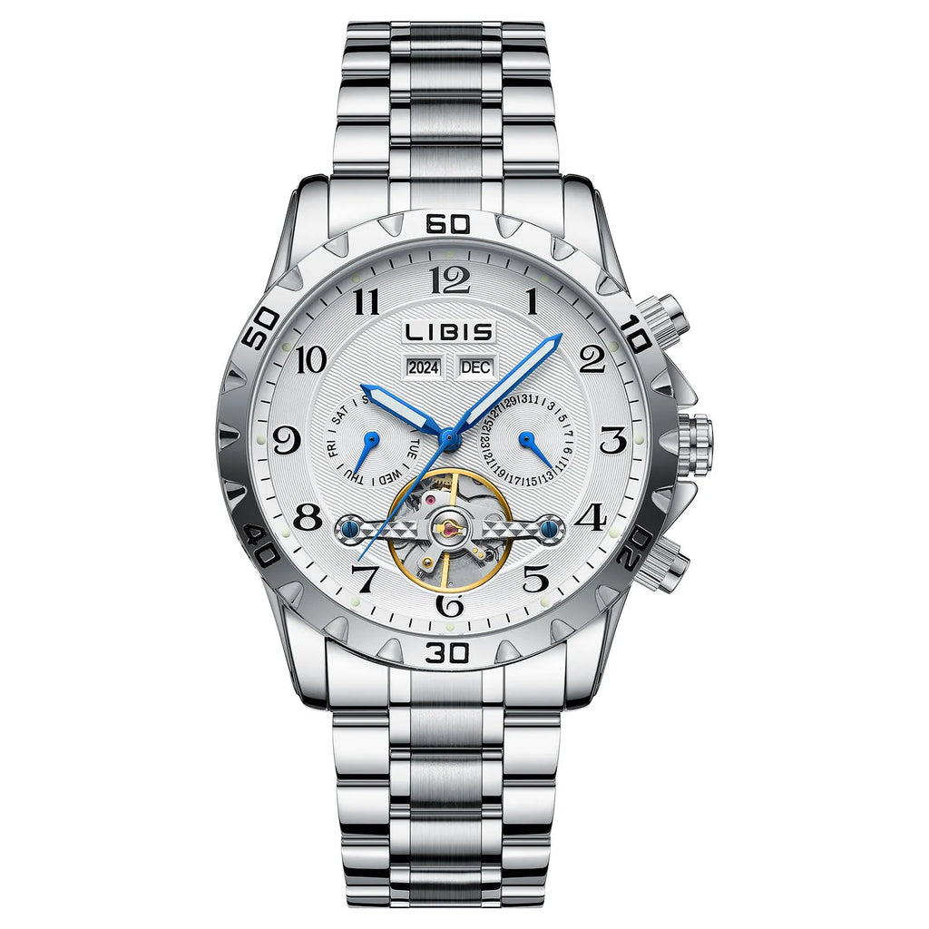 Men's silver stainless steel automatic watch with perpetual calendar function and sapphire crystal glass